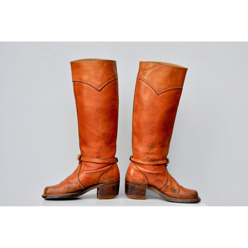 Vintage 70s Leather Tall Distressed Boots - Campus Stacked Heel US 5 - 5.5 - Picture 4 of 10